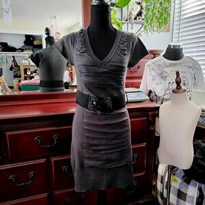 Charcoal Gray Short Sleeve Knitted Mini Skirt with Belt